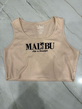 Malibu Ribbed Crop Tank Top - Light Beige with Black Logo